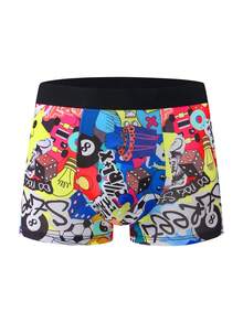 10 cái/gói quần boxer nam in họa tiết graffiti phong cách, cạp vừa thân thiện với da, quần đùi nam họa tiết hoạt hình - Nhiều màu - Xem 3