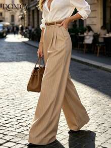 DONICY Women's Khaki Pinstripe High Waisted Wide Leg Tailored Trousers, Spring/Autumn Office & Casual Wear Winter - Khaki - View 9