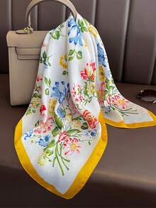 1pc 65*65cm White Base Colorful Mixed Rose Floral Print Satin Imitation Silk Scarf, Thin Multi-Use Scarf For Neck/Shawl/Waist, All Seasons Daily Party - Multicolor - View 8
