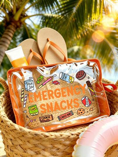 Snack Print Transparent PVC Makeup Bag, Printed With "EMERGENCY SNACKS" Funny Text And Cartoon Patterns Of Cookies, Candy, Milk, Etc., Multiple Colors Available, With Zipper, Lightweight And Portable. Can Store Cosmetics, Toiletries, Snacks, Suitable For Beach Vacation, Summer Travel, Daily Commute, Practical Gift For Girls, Graduation Season, Summer Trip, Back To School, Teacher's Day Gift.