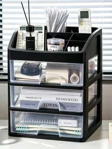 1 Piece Drawer-Type Desktop Storage Box, Office Desk Organizer, Stationery And Cosmetics Storage Rack, Locker - Black - View 2