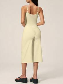 TimeOff Women's One Set Solid Color Adjustable Strap Camisole Tank Top & Wide Leg Mid-Length Pants Sports Set - Yellow - View 3