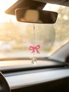 1pc Multi Color Bowknot Crystal Rearview Mirror Hanging Charm, Aesthetic Resin Bow Teardrop Crystal Car Pendant, Women Fashion Car Interior Decor Ornament, Multiple Color Options Auto Accessories Gift - A - View 14