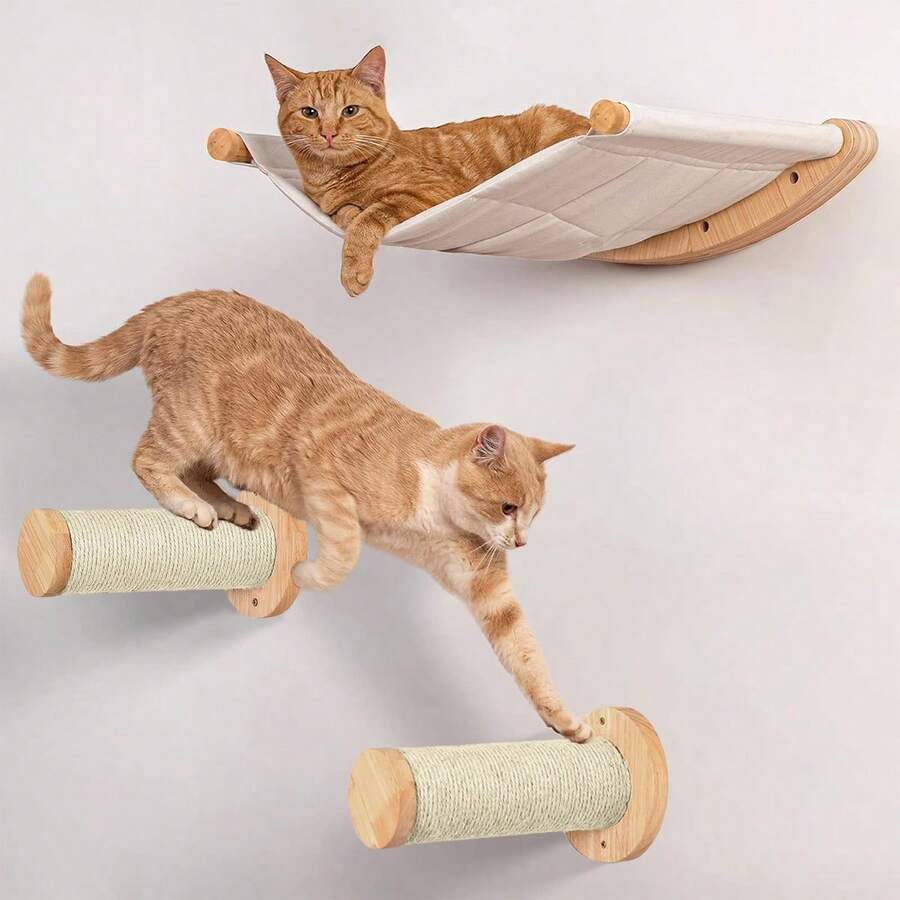 3-Piece Wooden Cat Hammock Perch Set, Includes 1 Cat Hammock And 2 Cat Scratching Posts, Cat Wall Shelf For Sleeping, Playing And Climbing, Max Load 12kg (26lb)