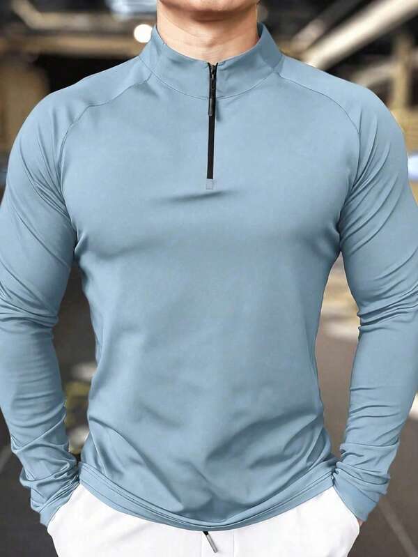 Men's Stand Collar Fitness Top, Half-Zip, Outdoor Cycling Sports Wear, Long Sleeve Slim Fit Shaping, Suitable For Year-Round Sports-Loving Husbands And Boyfriends
