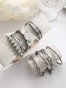 6pcs Exaggerated Fashion Punk Casual Bracelet Set, Can Be Worn Individually Or Layered, Suitable For Women's Daily, Party, Date Wear, Perfect Gift For Girlfriend, Mother - Silver - View 6