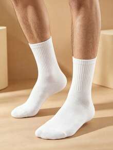 5/10 Pairs Men's White Solid Color Mid-Calf Socks, Soft, Versatile, Breathable, Moisture-Wicking, Suitable For Daily Wear, Sports, All Seasons - White - View 2