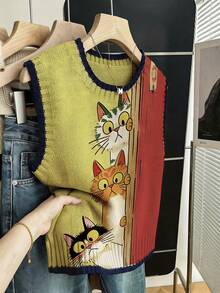Rompi Rajut Motif Kucing Bohemian untuk Wanita, Atasan Rajut Tanpa Lengan Leher Bulat, Elastisitas Sedang, Pakaian Musim Gugur untuk Wanita, Pilihan untuk Keluar Malam di Musim Gugur - Kuning - View 5