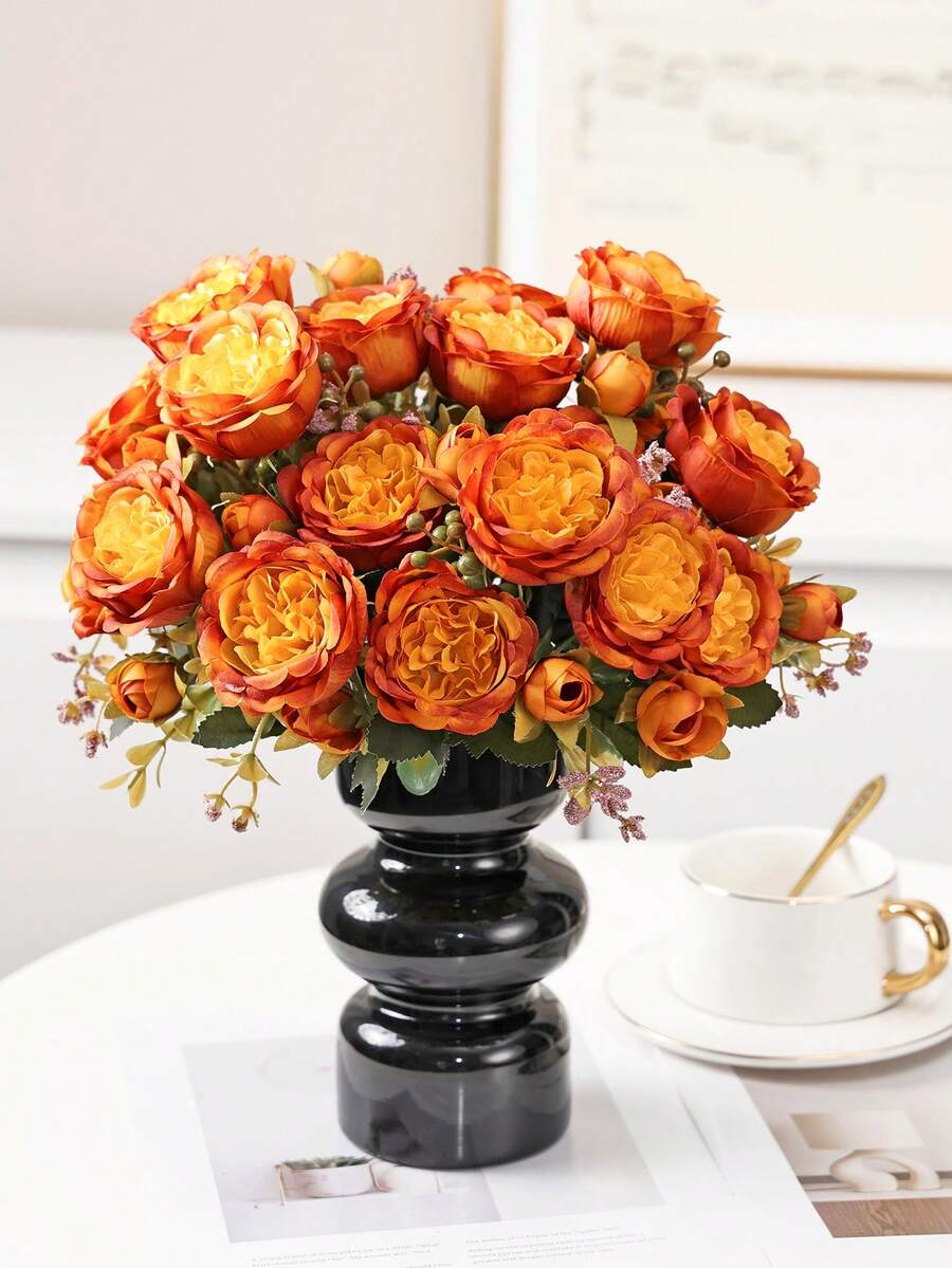 1pc Artificial Romantic Bouquet Of Roses And Peonies – Perfect For Weddings, Home, Desktop Decor, Brides' Bouquets, Autumn Decorations, And Halloween Decor - Orange - View 1
