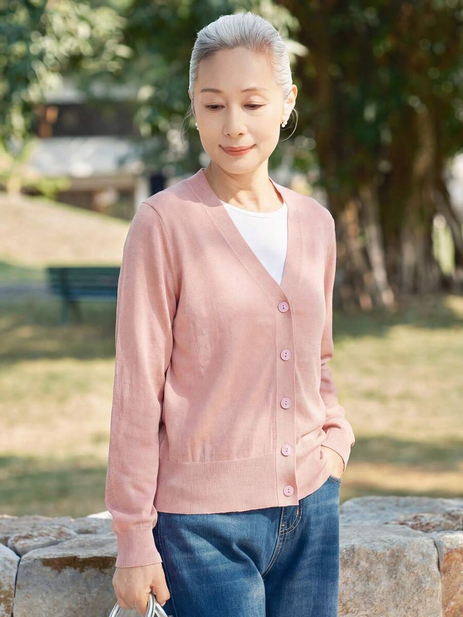 女款時尚粉色鈕扣針織開襟衫,舒適V領針織上衣,適合萬聖節、感恩節、聖誕節節日穿搭 - 粉色 - 查看 1