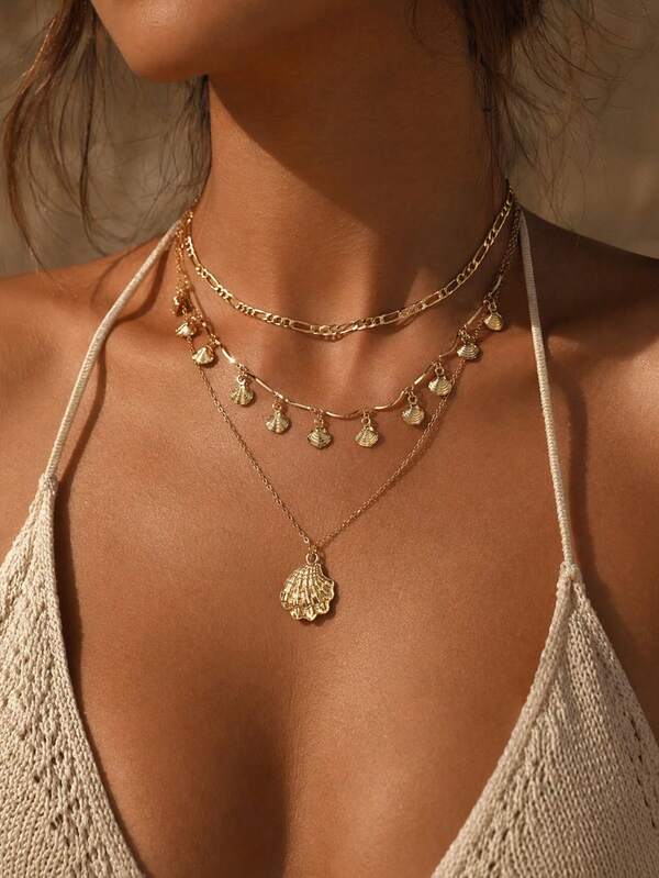 3pcs/Set Bohemian Style Multi-Layer Stackable Necklace Set, Unique Design Ocean-Inspired Shell Tassel Collarbone Chain, Women's Neck Jewelry, Suitable For Daily Wear, Vacation Photos And Date Wear