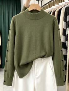 GIGOGOU Atasan Sweater Rajut Leher Tinggi Wanita Musim Gugur/Dingin, Desain Kancing Samping, Gaya Kasual Longgar, Pullover Rajut Lengan Panjang Cocok untuk Musim Gugur - Hijau - View 11