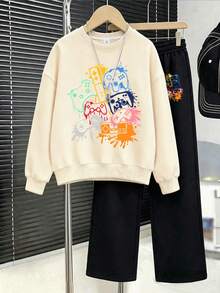 Conjunto de 2 piezas/Set Sudadera de cuello redondo y pantalones con estampado de controlador de juego de graffiti colorido para niños, moda de otoño/invierno, estilo nuevo y cómodo - Multicolor - Ver 2