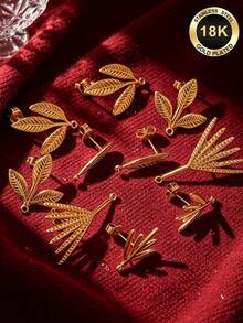6个304不锈钢镀18K金树叶耳钉，DIY耳钉针带环，用于珠宝制作 - 耳環 - 查看 7