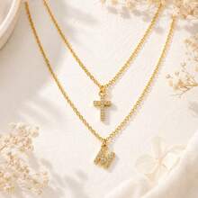 2Pcs/Set New Simple Classic Initial Cross Pendent Gold Color Stainless Steel Box Chain Layered Necklaces For Women - Yellow Gold - View 3