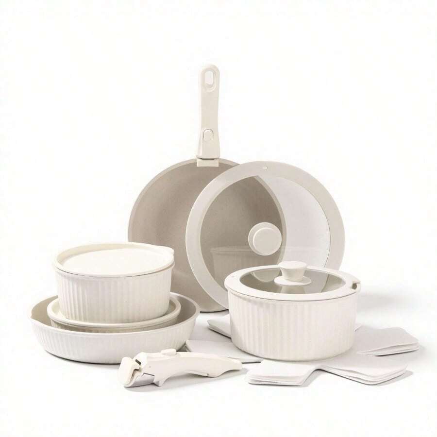 Set Peralatan Masak Anti Lengket 1/4 Buah dengan Gagang yang Dapat Dilepas, Termasuk Wajan, Wok, Alas Panci, dan Panci Susu, Cocok untuk Kompor Gas dan Kompor Induksi di Rumah, Dapat Ditumpuk dan Mudah Disimpan, Aman untuk Mesin Pencuci Piring/Oven