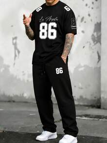 Fractyr Men's Street Casual 2 Pieces Set, Black Loose T-Shirt With LA Calligraphy '86' Sleeve Print + Drawstring Waist Pants, Retro Sporty Style - Black - View 4