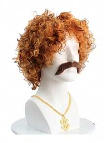70s Disco Afro Wig Set With Matching Brown Mustache Gold Chain Accessory Retro Synthetic Hair For Hippie Halloween Party Men Vintage Costume Kit - Multicolor - View 6