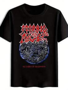 Men's Summer T-Shirt With Vintage Heavy Metal Band Print, Round Neck, Durable, Machine Washable, For Punk Music Fans, Women's Summer Shirts - Black - View 1