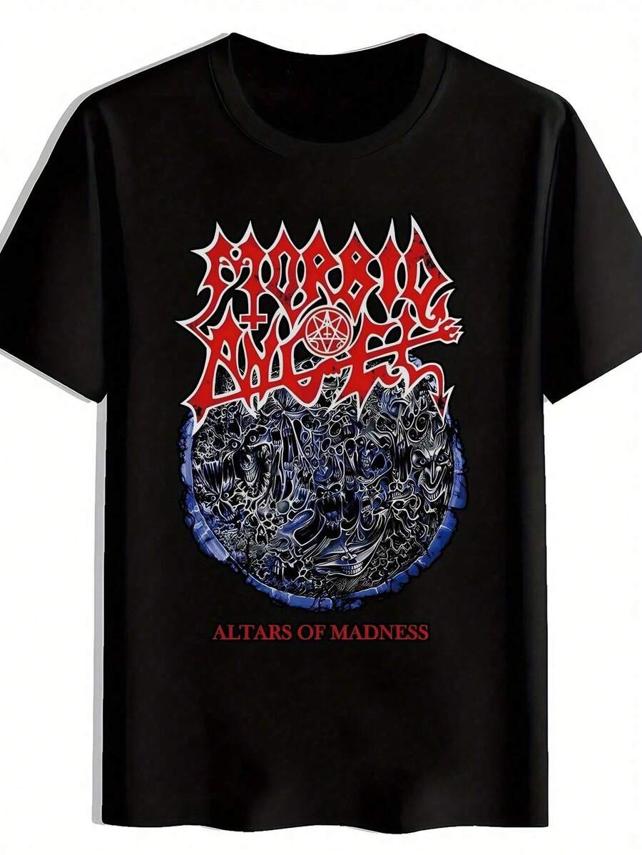 Men's Summer T-Shirt With Vintage Heavy Metal Band Print, Round Neck, Durable, Machine Washable, For Punk Music Fans, Women's Summer Shirts - Black - View 1