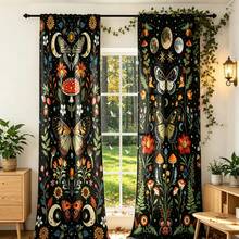 2pcs Bohemian Vintage Moon Phase Butterfly Mushroom Pattern Printed Semi-Sheer Curtains, 90GSM Polyester Semi-Sheer Privacy Protection, Easy Installation, Quick Dry, Washable, Non-Fading, Lightweight Removable Curtains, Suitable For Home, Room, Kitchen And Other Partitions Or Decoration - Multicolor - View 7