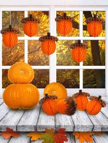5pcs/1pc Autumn Acorn Honeycomb Paper Decorations, Autumn Thanksgiving And Halloween Decor, Suitable For Party Ceiling Decoration, Thanksgiving Props, Indoor Holiday Background Wall And Brown Orange Paper Lantern Decoration - Multicolor - View 8