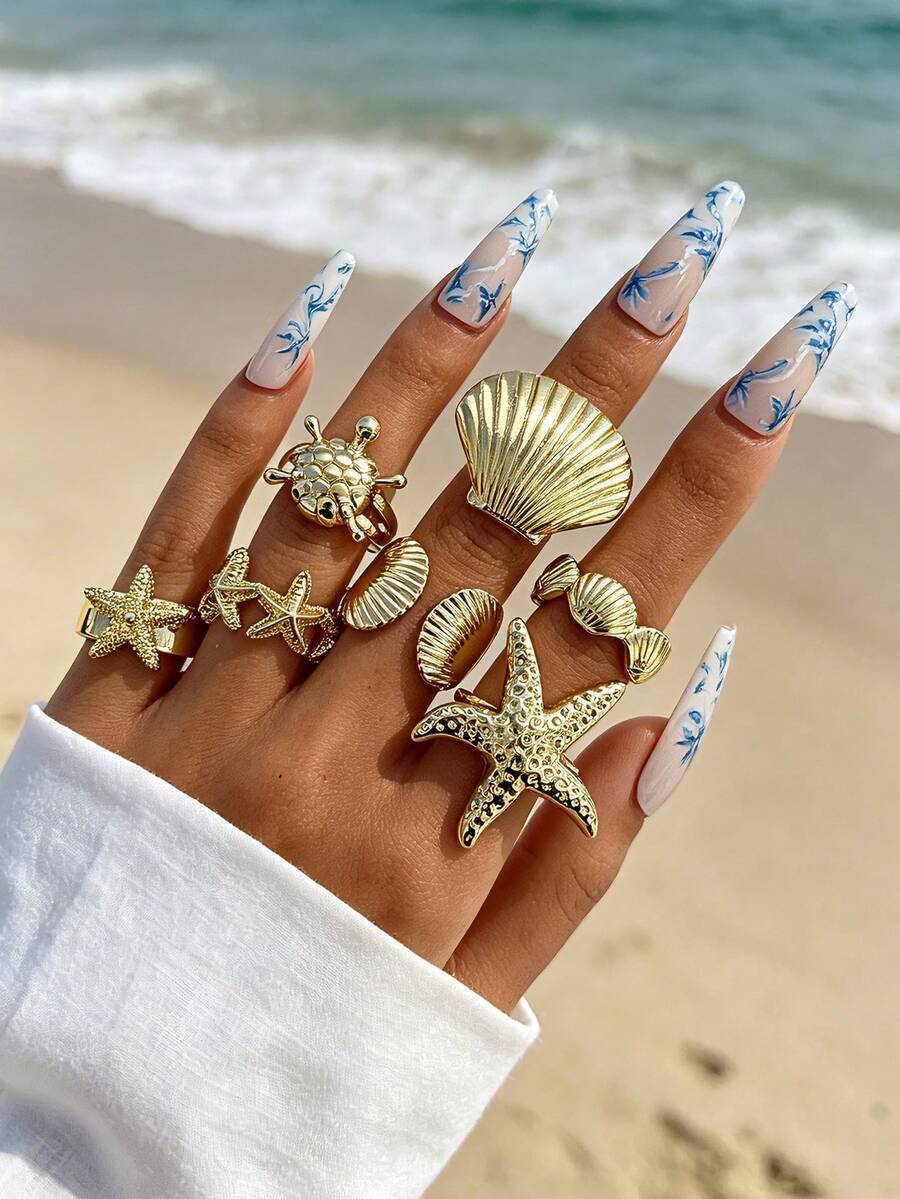 7PCS Summer Vacation Vibe Ring Set, Starfish Shell Turtle Multi- Metal Stackable Rings For Women - Gold - View 1