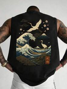 Men's Summer Fashion Versatile Japanese Retro Wave & Crane Print Sleeveless Top - Black - View 1