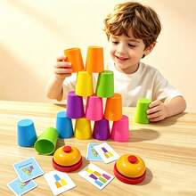 Juego de 5 Sets de Tazas Apilables Rápidas, Juguete Interactivo de Apilamiento de Tazas de Velocidad para Padres e Hijos con Tarjetas de Patrones & Campana, Juego de Mesa de Entrenamiento de Lógica Educativo para Fiesta Familiar - Multicolor - Ver 3