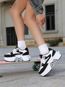 New Style Automatic Roller Shoes For Kids And Adults, Transformable Roller Skates With 4 Retractable Wheels, Walkable - Black - View 8