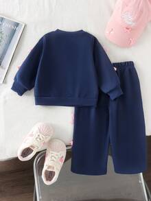 2pcs Baby Girl Minimalist Sporty Bow Contrast Design Round Neck Long Sleeve Thin Sweatshirt & Straight Leg Pants Set Spring Autumn - Royal Blue - View 2