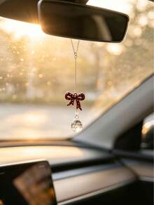 1pc Multi Color Bowknot Crystal Rearview Mirror Hanging Charm, Aesthetic Resin Bow Teardrop Crystal Car Pendant, Women Fashion Car Interior Decor Ornament, Multiple Color Options Auto Accessories Gift - A - View 5