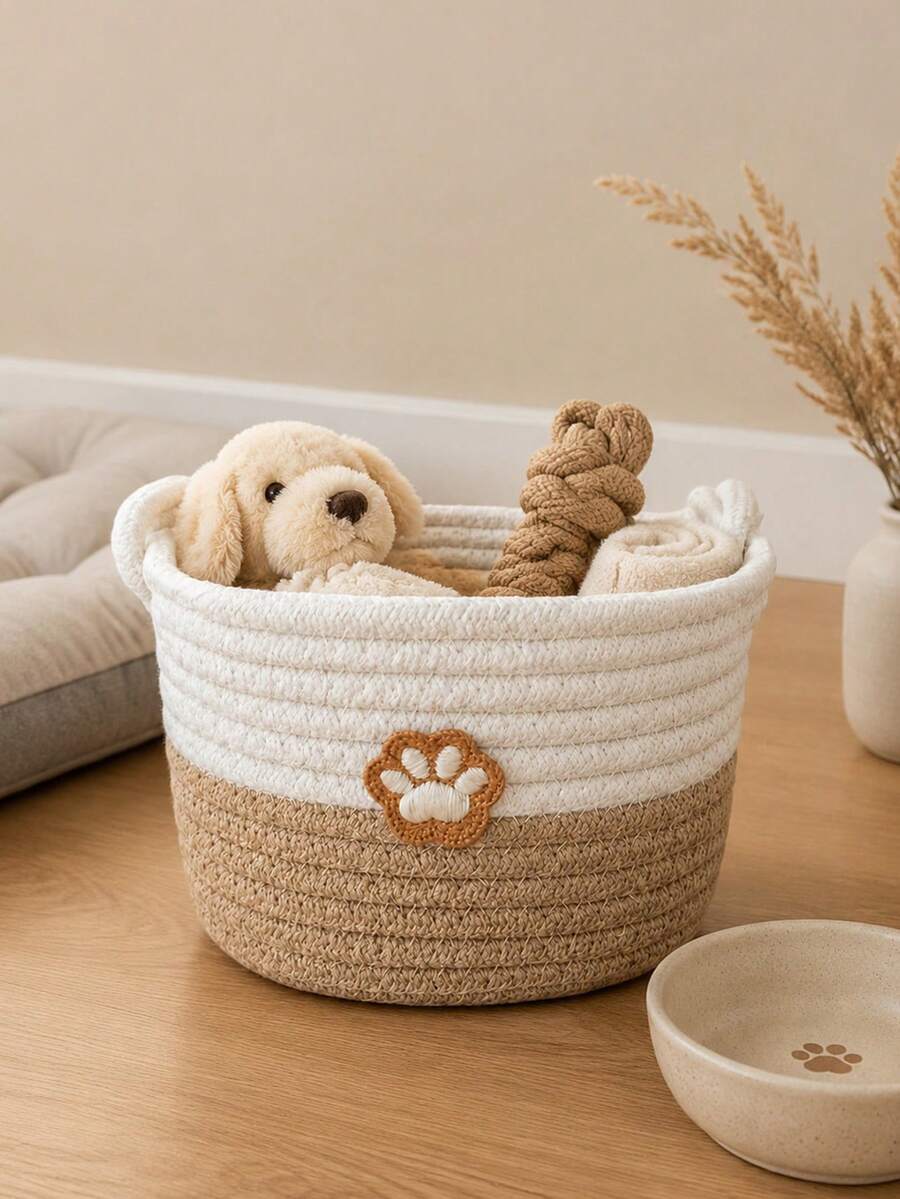 1pc Gentle Pet Supplies Storage Basket, Home Clutter Storage Basket. Equipped With Handle And Paw Print Sticker, Suitable For Storing Pet Treats And Toys, Organizing Bedroom, Living Room And Desktop Clutter, Perfect For Pet-Owning Families