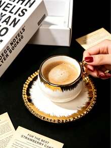6 Sets / 1 Set 90ml (Approx. 3oz) French Luxury Pearl Edge Gold Brushed Cup And Saucer Set, With Gold Rim Matching Base, Minimalist Aesthetic Drinkware Suitable For Home Cafe Use, Italian Espresso Cup For Afternoon Tea, Mother's Day Gift, Graduation Gift, Summer Kitchen Essential, Birthday Decoration, Kitchen - Multicolor - View 2