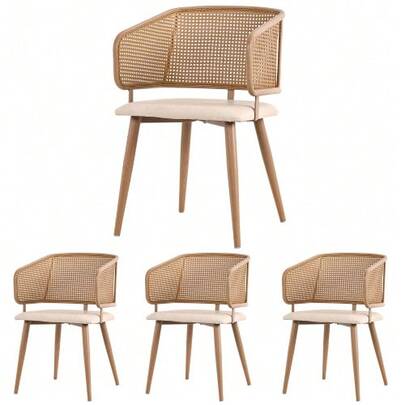 4 Dining Chairs, Chairs With Rattan Backrest, Faux Leather Seat Cushions, Comfortable And Breathable, Modern And Clean Style, Suitable For Restaurants, Lounges And Cafes.