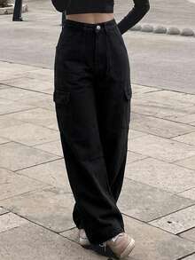 Women's Casual All-Match Mid-Rise Straight Leg Work Jeans Black - Black - View 3