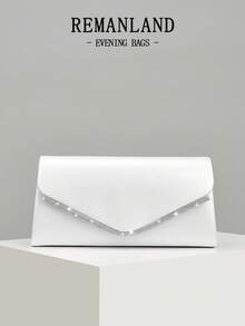 REMANLAND Mini Shiny Solid Color Crystal Leather Square Clutch, Rhinestone Embellished Evening Bag, Perfect Accessory For Women's Ball Gown, Sequin Dress, Elegant Party Bag, Suitable For Wedding, Prom, Party, Banquet And Other Formal Occasions - White - View 1