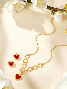 1 Set/3 Pieces Classic Heart Jewelry Set, Waterproof Stainless Steel Collarbone Necklace And Stud Earrings Set For Women - Heart - View 12