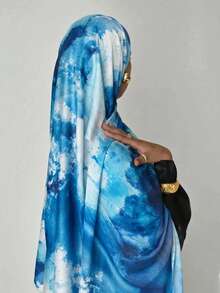 1pc Long Silky Printed Shawl, Muslim High-End Ombre Marble Print Elegant Ladies Headscarf Scarf, Suitable For Dresses - Multicolor 1 - View 10