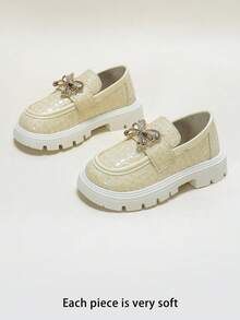 Girls' 3D Rhinestone Butterfly Textured Embossed Non-Slip Square Toe Slip-On Thick Sole Platform Loafers, British Style Fashion Shoes For School, Commuting, Birthday Party - Apricot - View 4