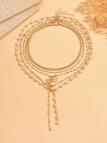 5pcs/Set Summer Beach Vacation Style Multi-Layer Stackable Gold Chain Y-Shaped Necklace With Shell And Starfish Pendant Decor, Fashion Versatile Women's Neck Jewelry Suitable For Daily Wear, Vacation, Party, Music Festival, Chain Length Cut By Sections With Variable Number Of Links - Multicolor - View 2