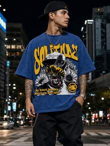 Unisex Retro Acid Wash T-Shirt 100% Pure Cotton Graphic Tee Y2K Grunge Streetwear Bee Flower Print Casual Loose Short Sleeve Shirt - 藍色 - 查看 2
