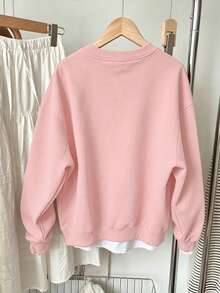 Sweet & Cool Girl Round Neck Sweatshirt, Leopard Print Bow Applique Soft Autumn/Winter Campus Top - Pink - View 2