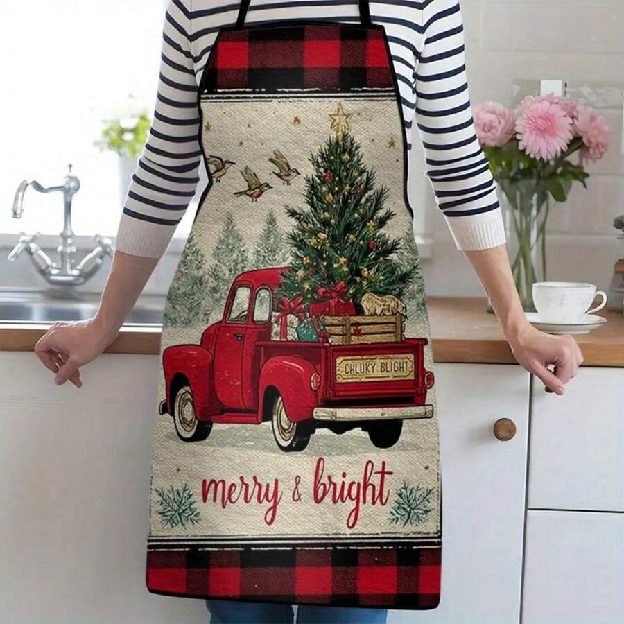 Christmas Tree Pattern Printed Apron, Unisex Fashionable Home & Workwear, Cooking Kitchen Apron, Durable & Easy To Clean, BBQ Apron, Washable & Reusable, Kitchen & Restaurant Supplies, Work Apron, Party Apron, Suitable For Kitchen, Restaurant, Cooking, Baking, Gardening, Painting, New Year Gift
