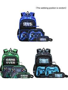 3-Piece Game Controller Print Cool Pattern Backpack Set, Dual Zipper Closure, Multi-Pocket Design, Laptop Compartment, Suitable For Daily Multi-Scenario Use, Multi-Color Optional Set Combination - A - View 2