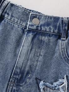 Girls' Denim Jeans With Patchwork Star Design, Casual INS Style, Snow Wash Blue, Fashionable And Comfortable For Autumn/Winter - Light Wash - View 4