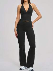 NcmRyu Women's One Set Slim Fit Solid Color Deep V-Neck Flared Pants Backless Sports Outfit - Black - View 5