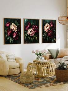 3pcs Vintage Melancholy Floral Wall Art, Dark Botanical Peony Art, Dark Academia Floral Wall Decor, Pink Peony Print, Soft Pink Floral Painting, Abstract Floral Poster, Personalized Home Decor Canvas Poster, Christmas Decoration, Christmas Gift, Framed/Unframed - Flower - View 6