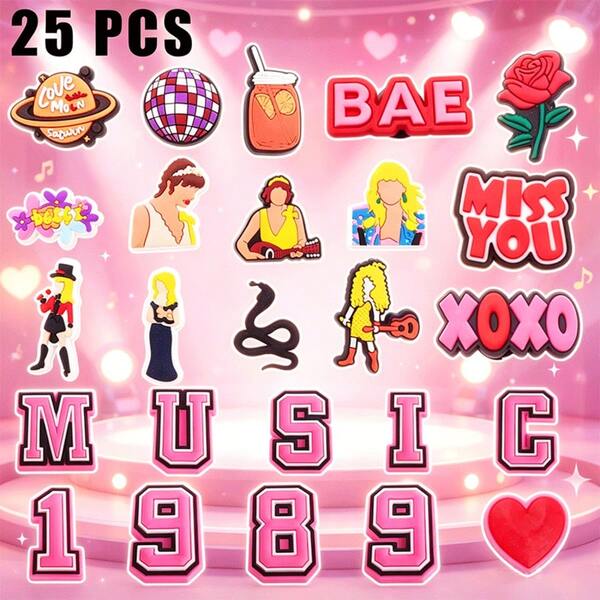 25Pcs Cartoon Singer Shoe Charms, Various Fun Guitar Album Removable Patterns, Ideal Gifts For Family, Lovers, Classmates And Kids