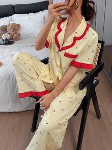 Dreamivo Fresh Plaid Cherry Fruit Print Collared Ruffle Short Sleeve Long Pants Women's Pajama Set - Yellow - View 6